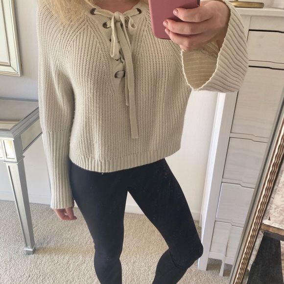 Gray Lace Up Sweater - Picture 5 of 6